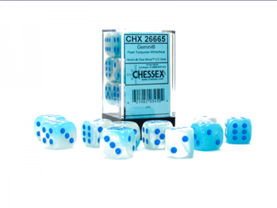 Chessex - Blocco di Dadi Luminary 16mm d6, Perla Turchese-Bianco/Blu (12 pe